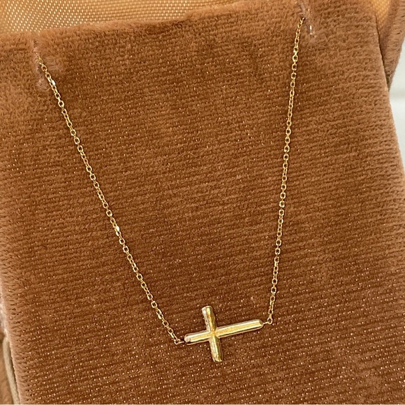 Solid Stamped Real Genuine 14K Yellow Gold Religious Sideways Cross Necklace - Picture 3 of 14